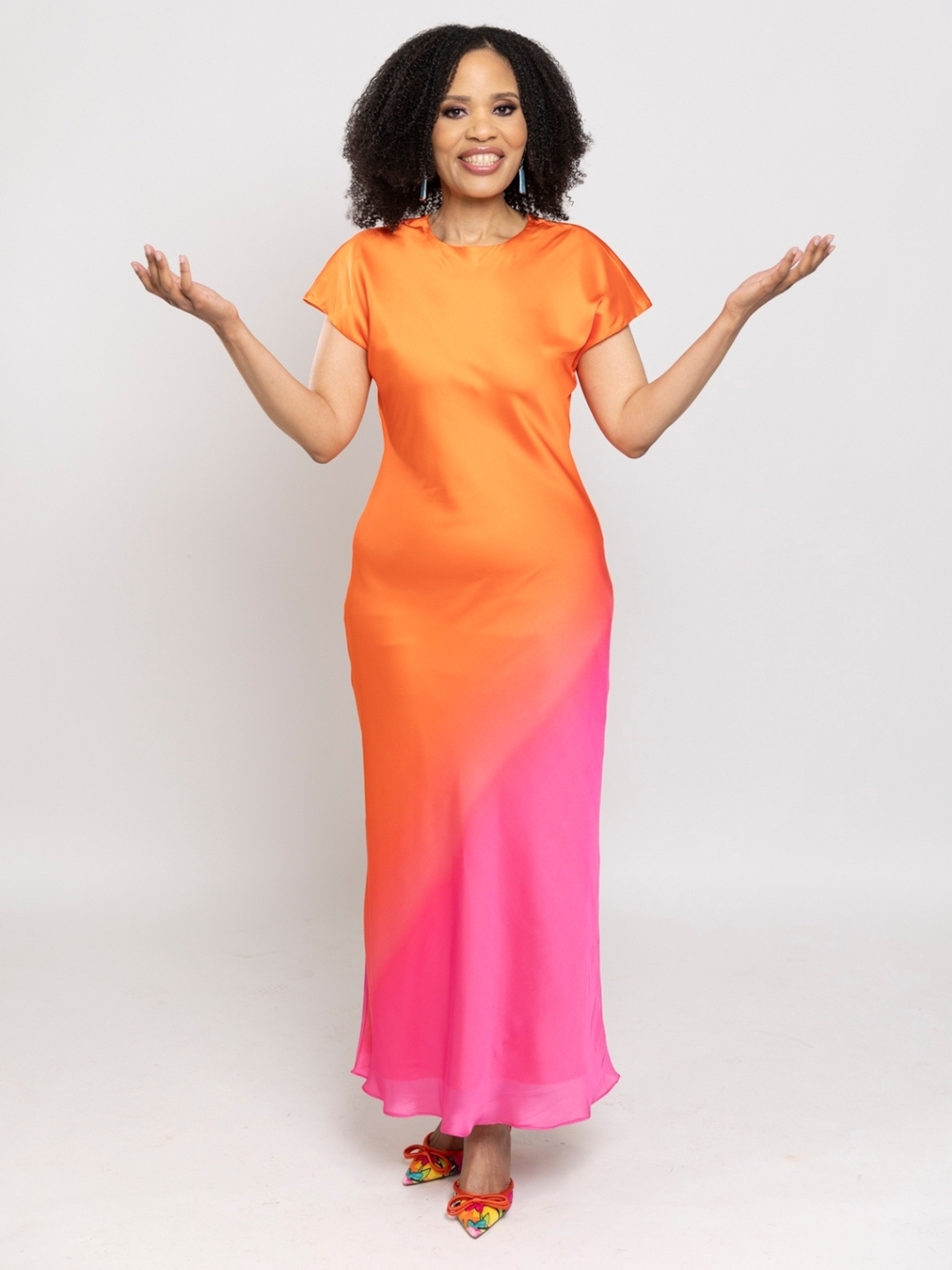 Elegant Orange to Pink Ombre Maxi Dress